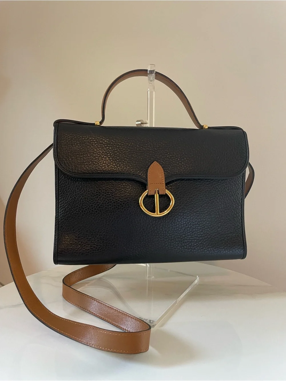 Dior Black Pebbled Leather Satchel with Tan Trim and Gold Hardware